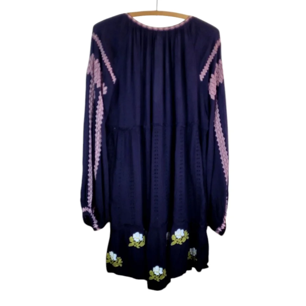 FREE PEOPLE Wild Horses Embroidered Babydoll Mini Dress Eyelet Tassels Large